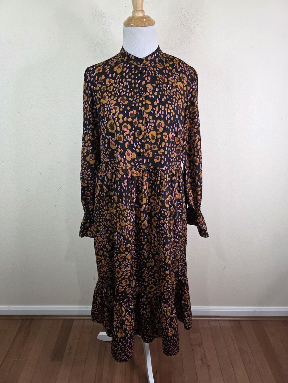 Vero Moda Women's Black Animal Print Long Sleeve Babydoll Midi Dress Size Medium